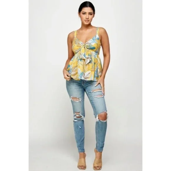 Honey Yellow Blue Tropical Floral Knotted Cami Babydoll Summer Vacation Tank Top - Picture 3 of 5